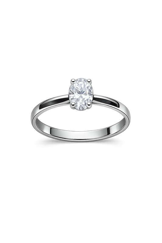 14 Ayar Altın - Beyaz Oval Tektaş Yüzük